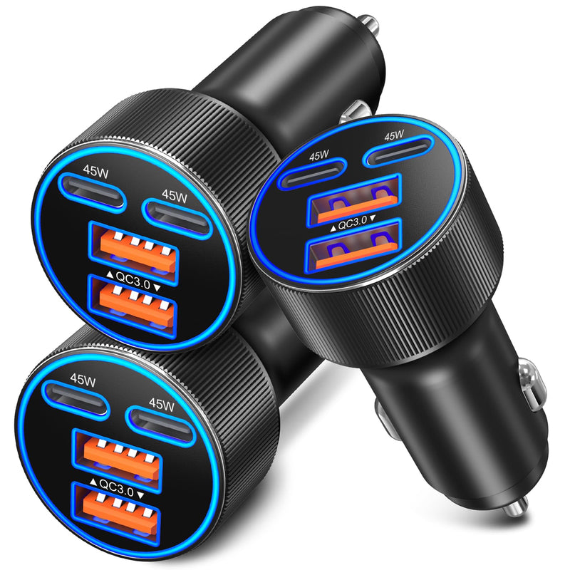 USB C Car Charger, 3 Pack 90W 4-Port Dual 45W Super Fast Car Phone Charger PD/QC 3.0 Fast Charging 12V Cigarette Lighter Adapter Plug for iPhone 17 16e 15 14 Pro Max, Galaxy S26 S25, Android Black