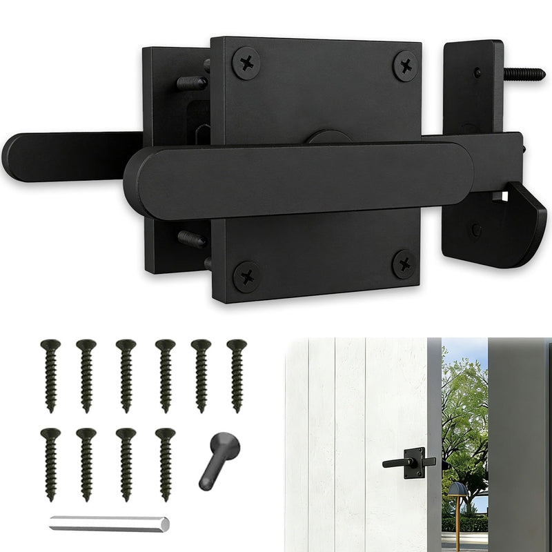 Double Sided Gate Latch Aluminum, Heavy Duty Black Fence Gate Latch with Handles, Rust Proof Surface Mount Lock for Left Right Inswing Wooden Gates, Backyard Garden Shed (Left)