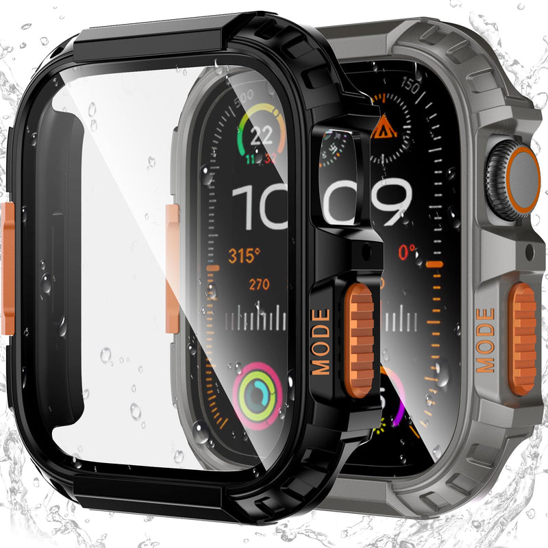 2 Pack Rugged Waterproof Case for Apple Watch 46mm Series 11 10 with Tempered Glass Screen Protector, Durable Hard PC Bumper Protective Face Cover for iWatch 46 mm Black/Ti
