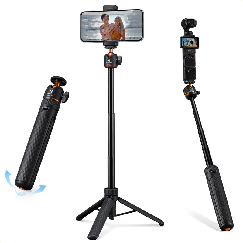 K&F CONCEPT Mini 25.6'' Auto Open Selfie Stick Tripod | Lightweight, Ball Head with Cold Shoe, Compatible with DJI Osmo Pocket 4/3 Action5 Insta360 Luna Ultra. MS71