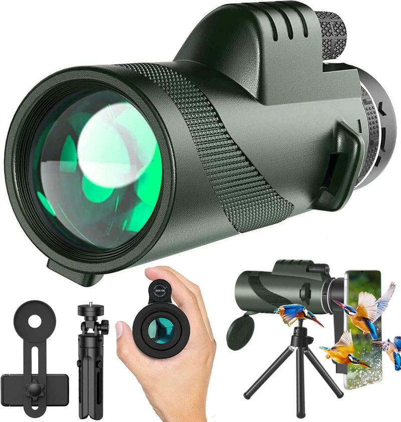 Monocular-Telescope 80x100 High Powered Monoculars High Definition forAduts High Powered with HD BAK4 Prism Smartphone AdapterTelescope Bird Watching Travel Camping Hiking-Green Green