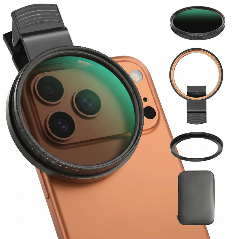 67mm ND2-400 Variable Neutral Density Filter for Smartphone & DSLR | HD Adjustable Camera Lens Attachment, Universal Clip & Adapter Ring, Samsung iPhone 17 16 15 14 and Other Smartphones/Camera