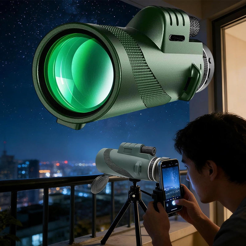 80X100 Monocular Telescope, High Power Monocular for Adults with Phone Adapter & Tripod & Hand Strap, Equipped with BAK4 Prism for Bird Watching (Green, 15.3x7cm) Green