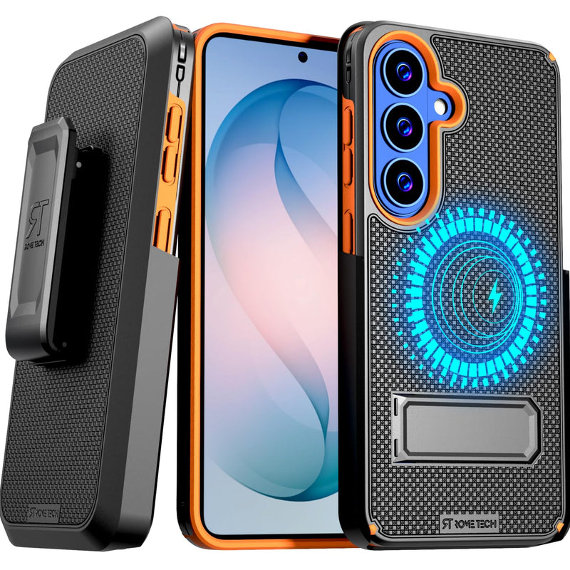 Designed for Samsung Galaxy S26 Case with Belt Clip Holster | Rugged Cover with Strong Magnet & Kickstand Heavy Duty Combo - Black & Orange