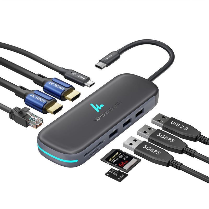Type C 9 in 1 Wozoyo Docking Station with 2XUSB 5Gbps, 2X4K HDMI, Gigabit Ethernet, SD & TF Card Reader, PD 100W, USB 2.0, USB-C Hub, Compatible with Thunderbolt 4, macOS, Windows, Android & iOS 9-in-1