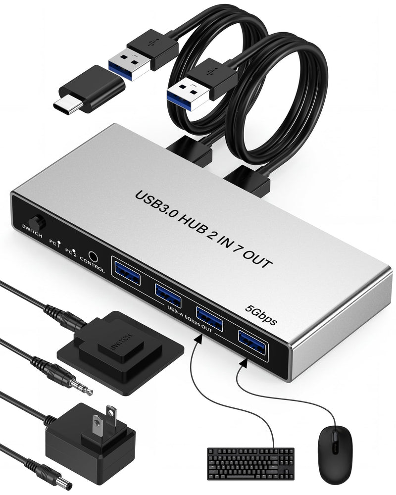 USB 3.0 Switch for 2 Computers, Sharing 4 USB-A & 3 USB-C Devices - 7 Port USB Switcher Selector to Share Keyboard, Mouse, USB Flash Drive, Printer, Scanner, with 2 USB 3.0 Cables and Controller