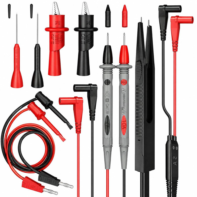 Professional Multimeter Test Leads Kit – 1000V 10A CAT III/IV – Includes Replaceable Gold-Plated Sharp Needle Probes, Alligator Clips, and Banana Plug Extension Cables for Electrical Testing