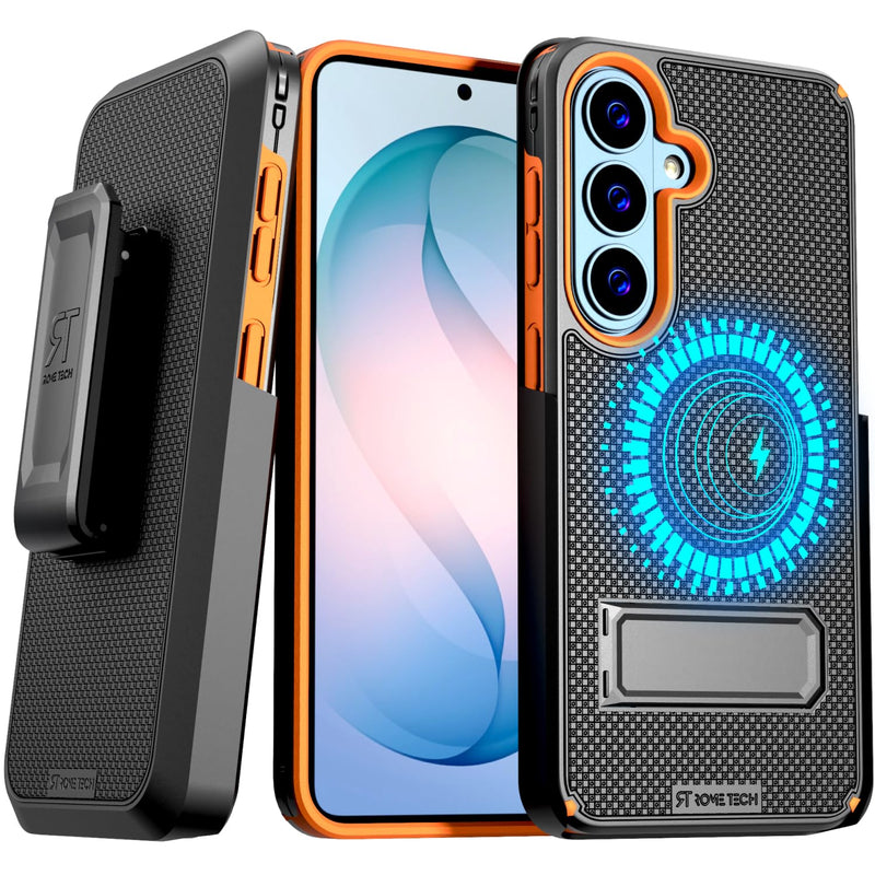 Designed for Samsung Galaxy S26 Plus Case with Belt Clip Holster | Rugged Cover with Strong Magnet & Kickstand Heavy Duty Combo - Black & Orange