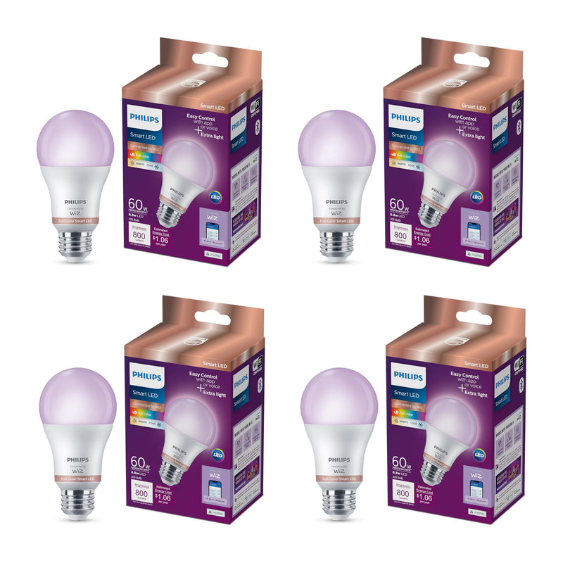 PHILIPS Smart LED Full Color Light Bulb 4-Pack, A19 60W 800LM E26 Indoor, Sunset to Sunrise Automation + Motion Detection + Control with Voice or App, Matter Compatible 4-Pack (Singles)