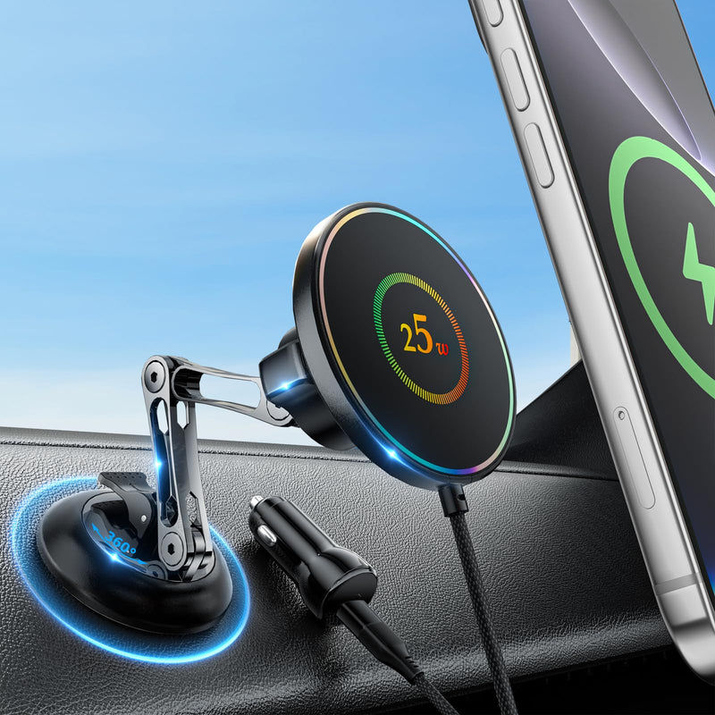 for 25W MagSafe Car Mount Charger, Magnetic Wireless Car Charger with 45W Adapter [120 LBS Strongest Suction] 360°Adjustable Metal Head, Vacuum Suction Cup Phone Mount for iPhone 12-17 Series