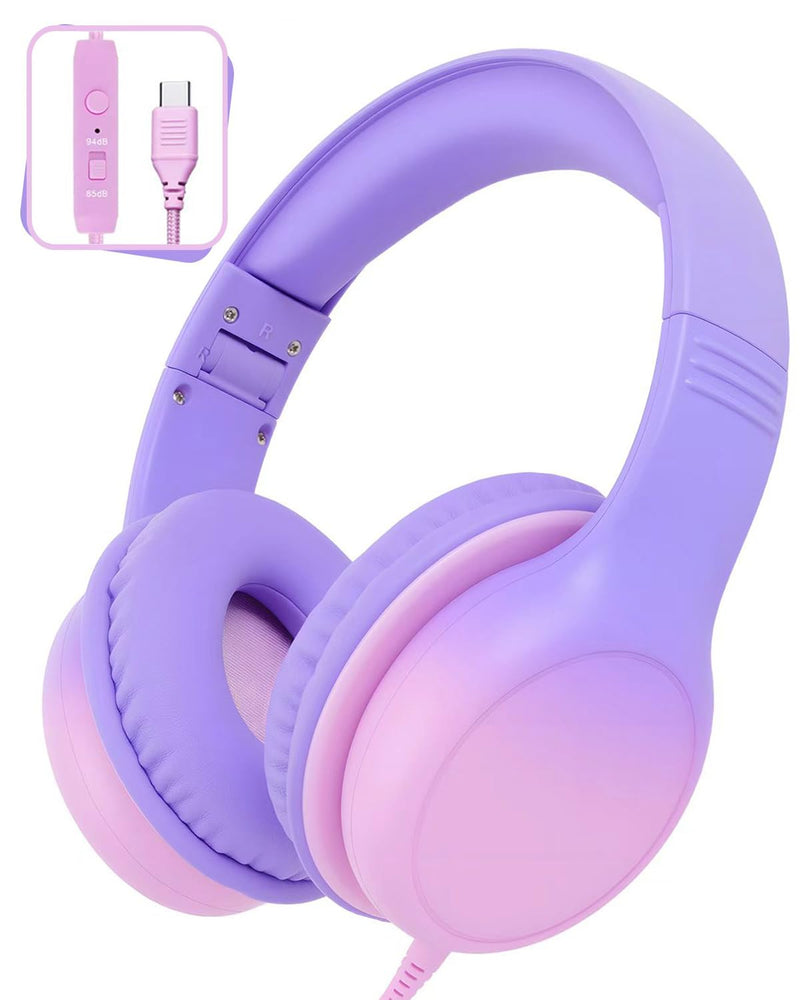 USB C Over Ear Kids Headphones with HD Mic, Safe Volume Limited Wired Headphones for School, Travel, Stereo Sound, Foldable Headphones for iPad, Laptop, PC, Purple-Pink