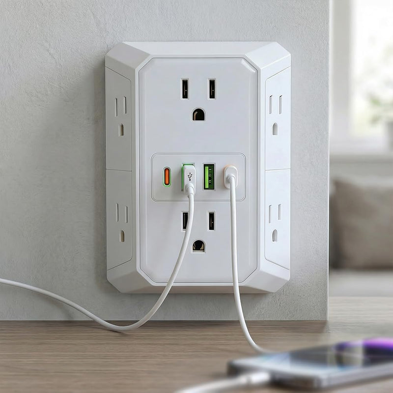 6 in 1 US Plug Wall Outlet Splitter with 2 USB Charging Ports, Multi Electrical Outlet Extender for Indoor Use,White white
