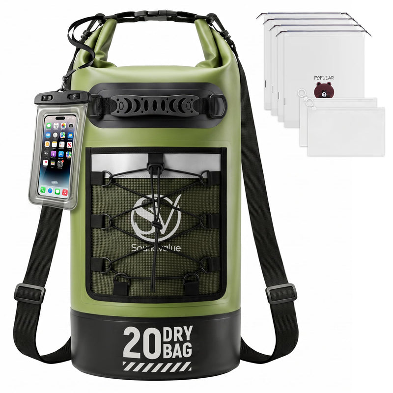 Waterproof Dry Bag - Waterproof Floating Backpack for Kayaking, 10L/20L/30L Waterproof Pouch for Beach,Travel, Swimming, Boating, Paddle Board, Rafting, Camping, Hiking Green 20L