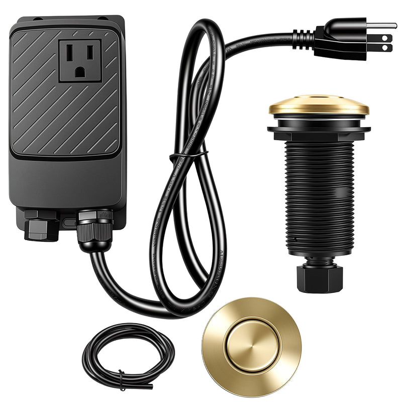 CLEESINK Garbage Disposal Air Switch Kit, Sink Top Air Switch Kit, Garbage Disposal Part with Brushed Gold Button, Single Outlet LONG/3.54",UL Single Outlet LONG/3.54"