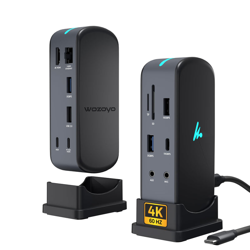 Type C 12 in 1 Wozoyo Docking Station, 4K@60Hz HDMI, Gigabit Ethernet 2XType-C 10Gbps, USB 10 Gbps, PD 100WUSB 2.0, AUX & MIC, SD/TF, Compatible Thunderbolt 4, macOS, Windows, Android & iOS 12-in-1