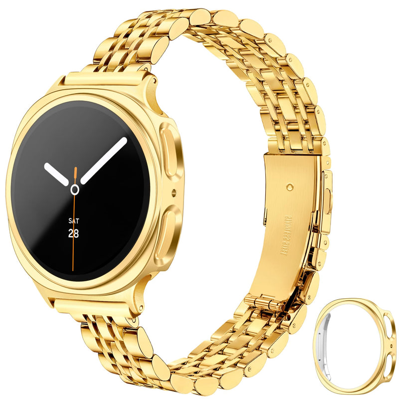 Slim Metal Band +Case for Samsung Galaxy Watch 8/9 Band 40mm with Protective Cover No Screen Film for Women Men, Stainless Steel Thin Replacement Strap for Samsung Watch 8 9 Bands-Gold Gold Galaxy Watch 8/9-40mm