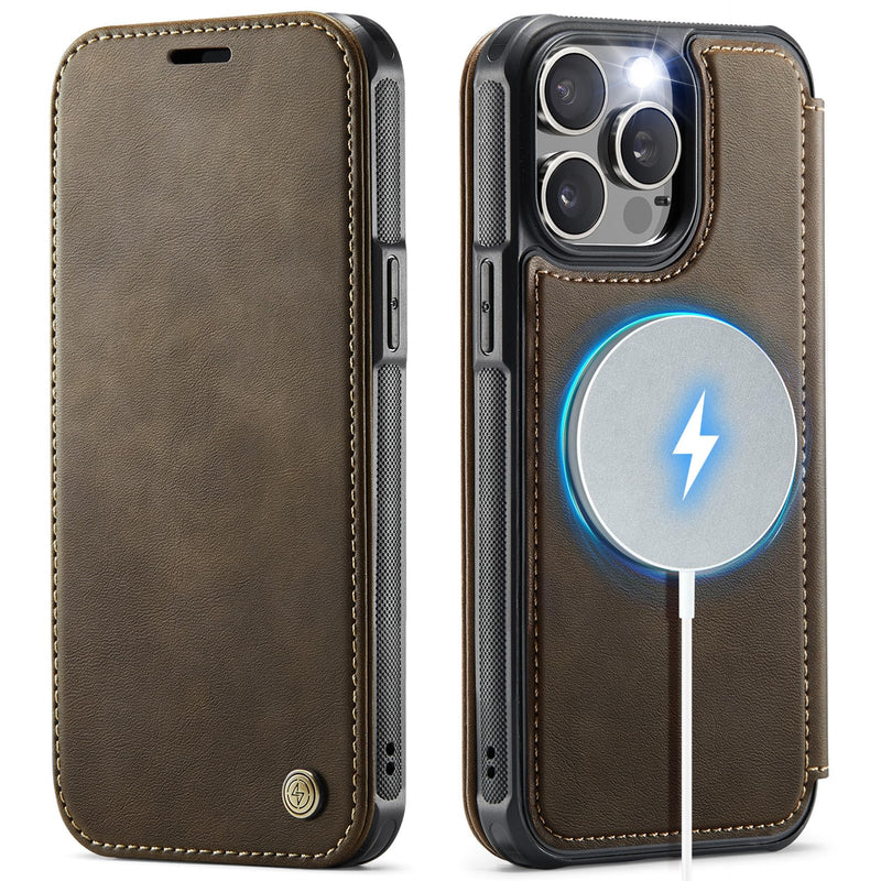 for iPhone 15 Pro Max Slim Wallet Case Wireless Charging, Brown | Compatible with Magsafe, RFID Blocking Card Holder, Magnetic Closure, Shockproof, PU Leather, Phone Flip Cover, for Men Women for iPhone 15 Pro Max