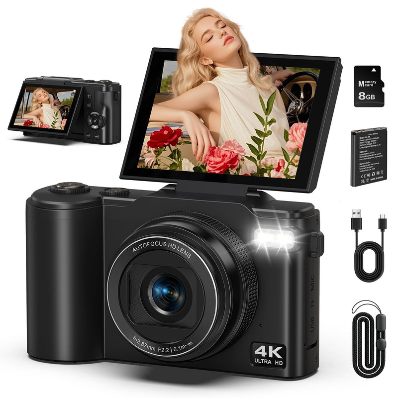 4K Digital Camera for Photography, 64MP Vlogging Camera for YouTube with 180° Flip Screen, 18X Zoom UHD Autofocus Video Camara, Compact with Micro SD Card for Teens, Boys & Girls, Beginners Black