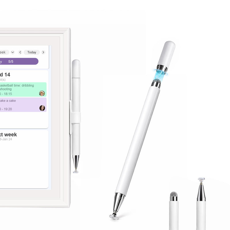 Stylus Pen with Adhesive Holder, Compatible with Skylight Calendar, 2-in-1 Dual Tip (Mesh & Disc) Stylus for Tablet & Smart Digital Calendar, No Charging, Always Attached, White