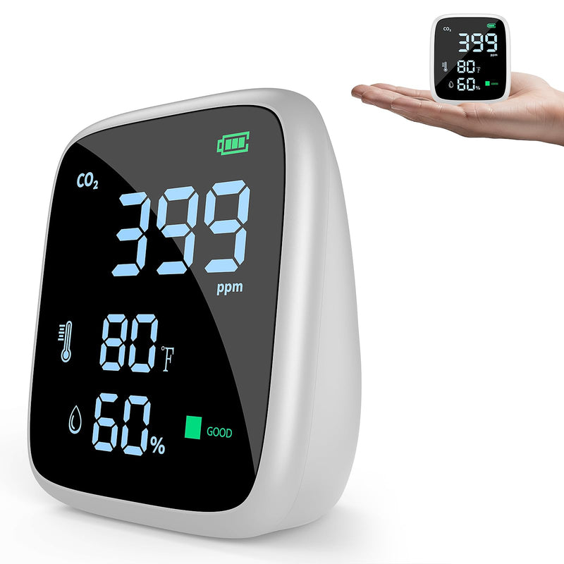 5-in-1 CO2 Carbon Dioxide Detector, Dienmern Portable Air Quality Monitor Indoor, 1600mAh Powerful Battery CO2 Monitor for CO2/Temp/Humidity, LED Display CO2 Detector for Travel/Office/Home/Grow Tents White