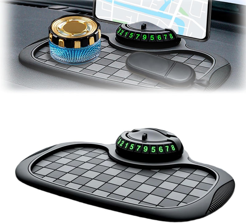 Brand Car Dashboard Non-Slip Mat, 360° Rotating Phone Holder, Anti-Skid Pad for ATV SUV Truck, Storage Organizer with Parking Number (Black) Black