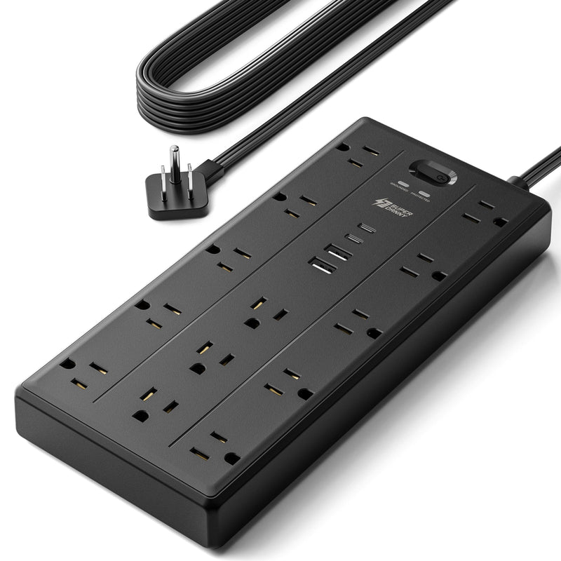 SUPERDANNY 10Ft Extension Cord with Multiple Outlets, Flat Plug Power Strip | 2100J, 13AC 2 USB C 2 USB A Charging Ports, Surge Protector, Desk Charging Station, Home Office, College Dorm Room Essentials Black 10 FT