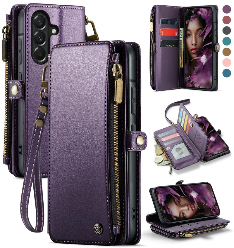 Defencase for Samsung Galaxy A57 5G Wallet Case with Card Holder, Purple | RFID Blocking, Zipper Pocket, Durable PU Leather, Wrist Strap, Fashion Snap Flip Phone Cases Cover with Stand for Women Men