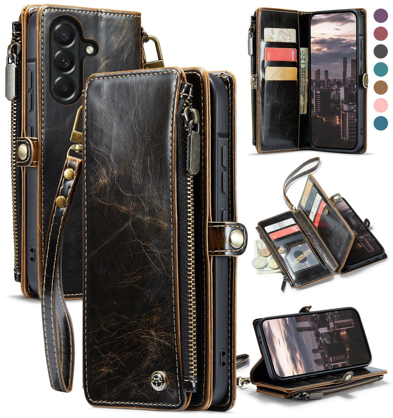 Defencase for Samsung Galaxy A37 5G Wallet Case with Card Holder, Coffee | RFID Blocking, Zipper Pocket, Durable PU Leather, Wrist Strap, Fashion Snap Flip Phone Cases Cover with Stand for Women Men