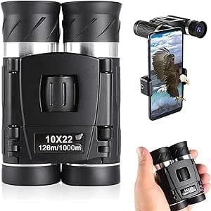 Small Compact Binoculars for Adults Kids,10x22 Mini Binocular for Traveling Sightseeing Birds Watching, Night Vision Binoculars for Concert Theater Opera,with Phone Adapter,Lightweight Pocket Folding