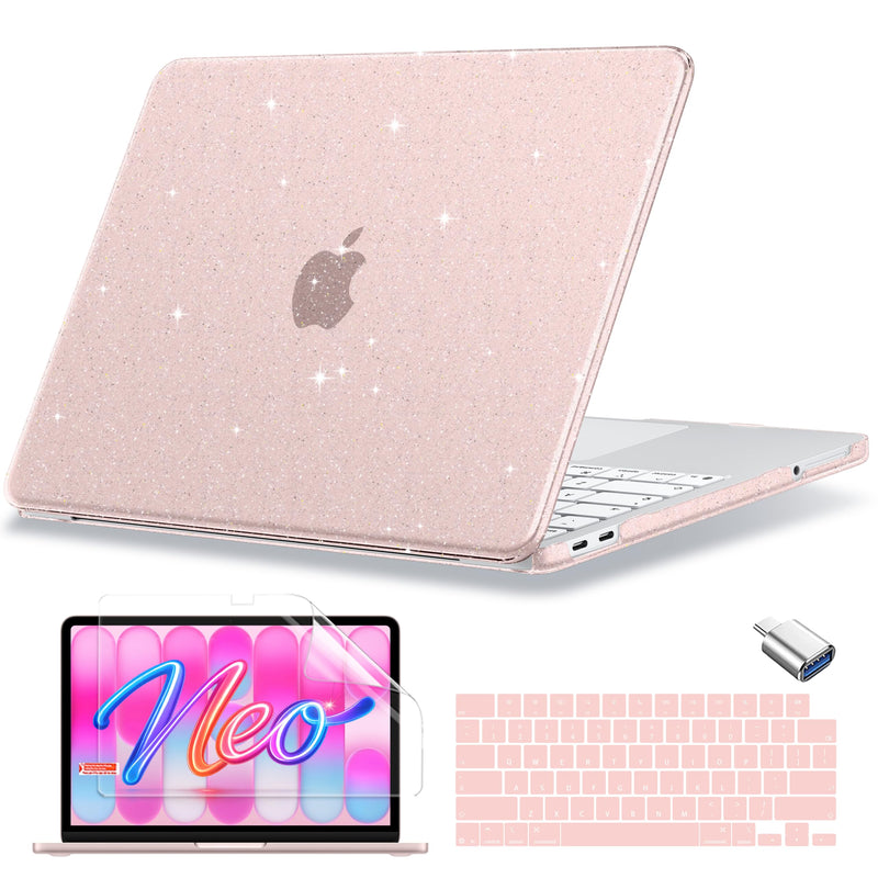 MecBevia Compatible with MacBook Neo Case 13 inch 2026 A3404 A18 Pro Chip | 4-in-1 Kit, Neo Hard Shell Case Cover & Keyboard Cover & Screen Protector & Type C, Sparkly Blush