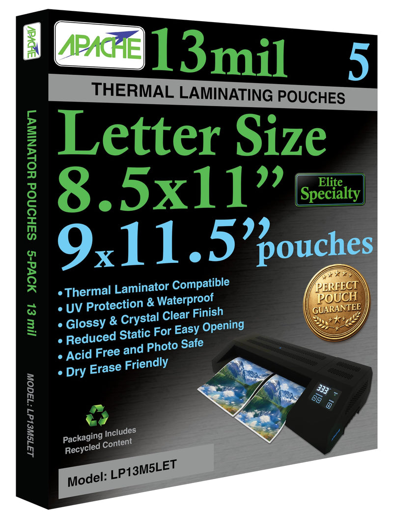 Apache Letter Size Laminating Pouches, 13 Mil, 5 Pack, 9x11.5" | Seals In 10mil Laminator, Holds 8.5x11 Inch Projects, Thermal Laminating Sheets, Clear, Round Corners, Elite Specialty Line