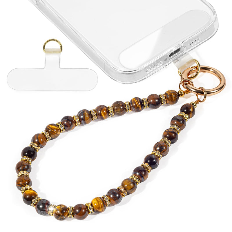 Natural Stone Phone Wrist Strap, Cell Phone Charm Bracelet Wristlet | Brown & Gold Beaded Phone Lanyard with Tether Tab for Women Men Daily Use, Strong Wire, Anti-Drop, Chain for Phone, Keychain Minimal Earth Brown Stone