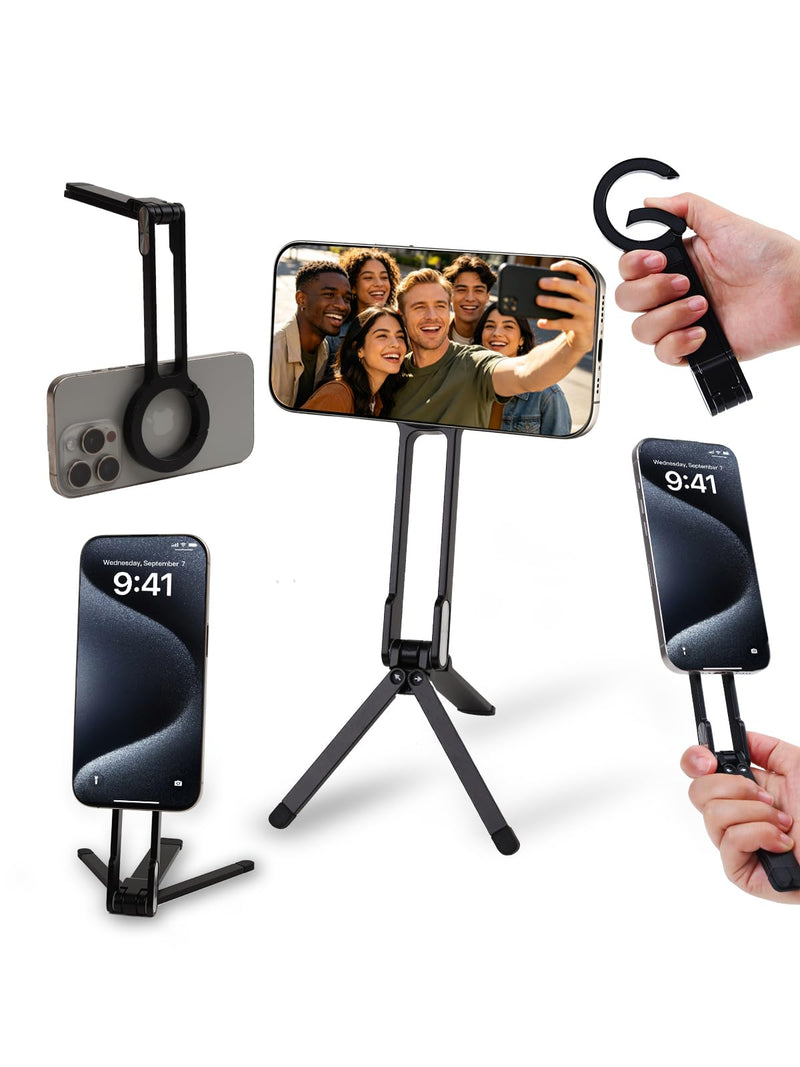 Mini Pocket Magnetic Phone Tripod – Aluminium Foldable Stand with Strong Magnet, Maglock Smartphone Tripod Compatible with iPhone 17 16 15 14 13 12 Series, Black