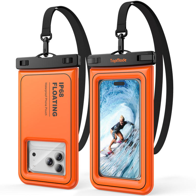 TopMade Floating Waterproof Phone Pouch, 2 Pack IP68 Waterproof Phone Case | Beach/Cruise/Travel Essentials, Detachable Lanyard, Waterproof Pouch for iPhone 17 16 15 Pro Max, S26 Ultra Up to 7", Orange