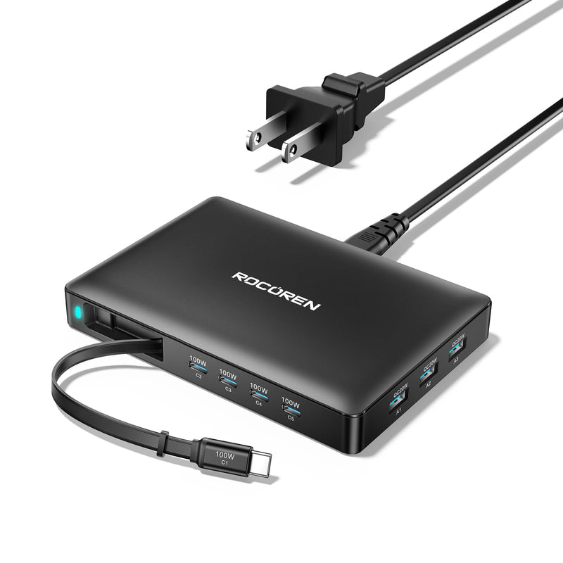 Rocoren 560W 8‑Port Ultra‑Thin USB‑C Station with Retractable Cable | 100W PD Fast Charger Hub, Multi‑Device Charging Block for MacBook Pro/Air, iPad, iPhone 17/16/15 & Samsung Devices
