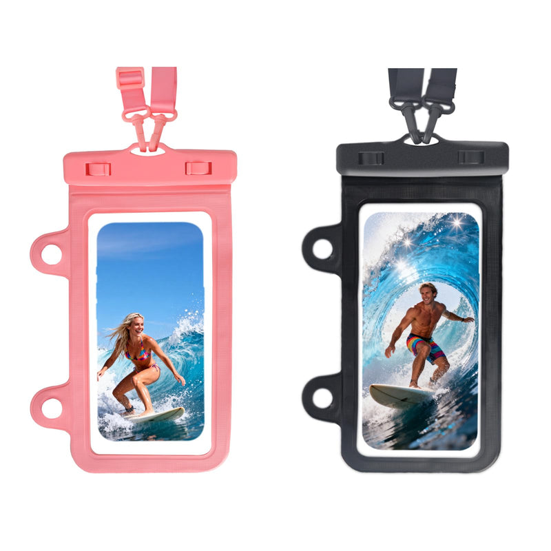 Larger Waterproof Phone Pouch iPhone &Shower Phone Holder Waterproof with 2 Suction Cups,Water Phone Protector Pouch with Adjustable Lanyard for iPhone 17 16 ProMax (Black+Pink, 2 PCS) Black+Pink