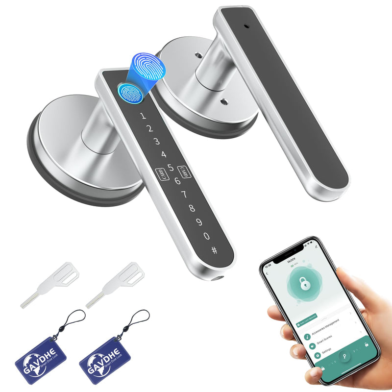 Fingerprint Door Lock, Smart Door Knob 5-in-1 with App Control & Standalone Mode, Keyless Entry with Fingerprint, Keypad Code, IC Card & Keys, Auto Lock, Silver