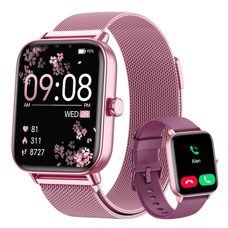 Smart Watches for Women (Calls/SMS/Reminders), 1.85" HD Alexa Smart Watch for Android Phones & iphone Compatible, 120+ Sport Modes Fitness Watch, Heart Rate/SpO2/Sleep Tracker, 3ATM Fitness Trackers Rose Pink-Mulberry Stainless Steel & Silicone