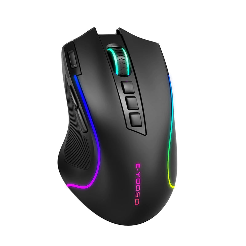 E-YOOSO Wireless RGB Gaming Mouse, Tri-Mode, 8000 DPI, Rechargeable | Rapid-fire key, 9 customizable buttons, 1000Hz polling, 75-hour battery, 6 RGB modes, for PC gaming and work Black