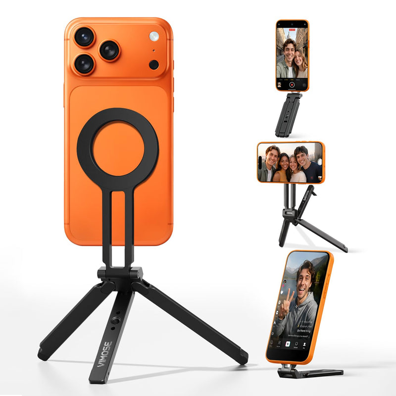 Vimose for MagSafe Tripod for iPhone-Compact &Portable Phone Stand for Desk | Metal Magnetic Tripod for iPhone 17/16/15/14/13/12 Series, with 1/4" Screw & Hook, for Travel, Selfie, Vlogging, Video Call Ebony