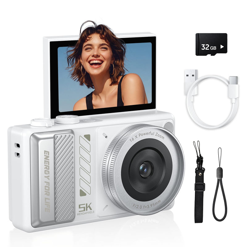 5K Digital Camera for Photography, 2026 Latest 80MP Autofocus WiFi Vlogging Camera for YouTube, 3'' 180° Flip Screen Compact Travel Camera for Beginners with 16X Zoom, 32GB TF Card, Flash (White) White