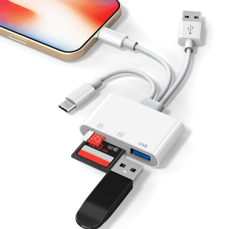 3 in 1 SD Card Reader for iPhone, USB Camera Adapter with Lightning/USB-C/USB-A, Memory Card Reader, SD/Micro SD Card Adapter for iPhone, iPad, Android, Mac, PC, Trail Game Camera