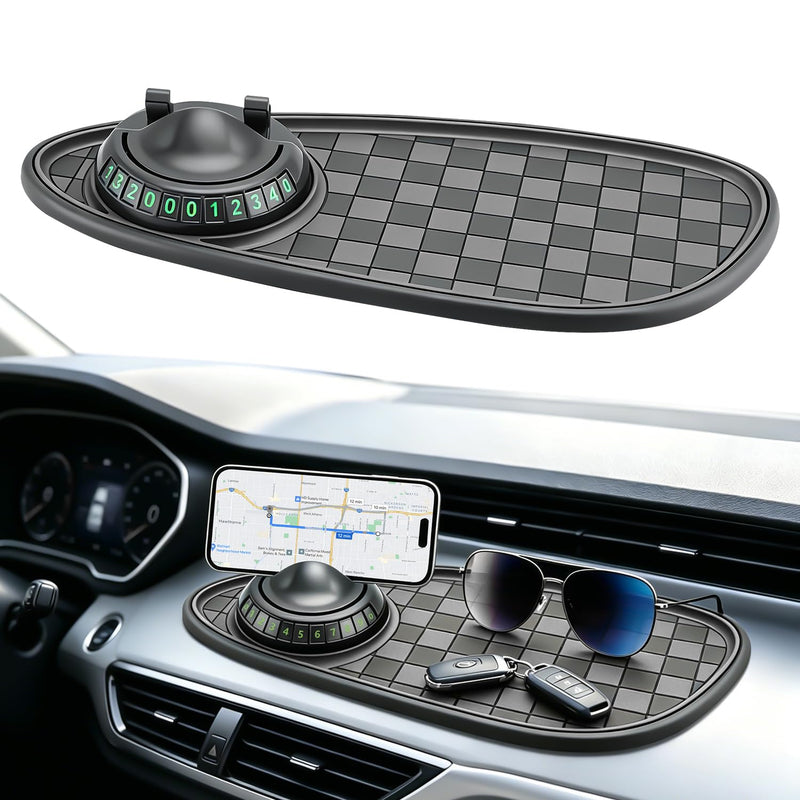 Multifunctional Car Anti-Slip Mat,With360° Rotating Adjustable Phone Holder and Temporary Parking License Plate Holder; Can Store Mobile Phones, Keys, Sunglasses and Other Items (Black and Gray) Black and Gray