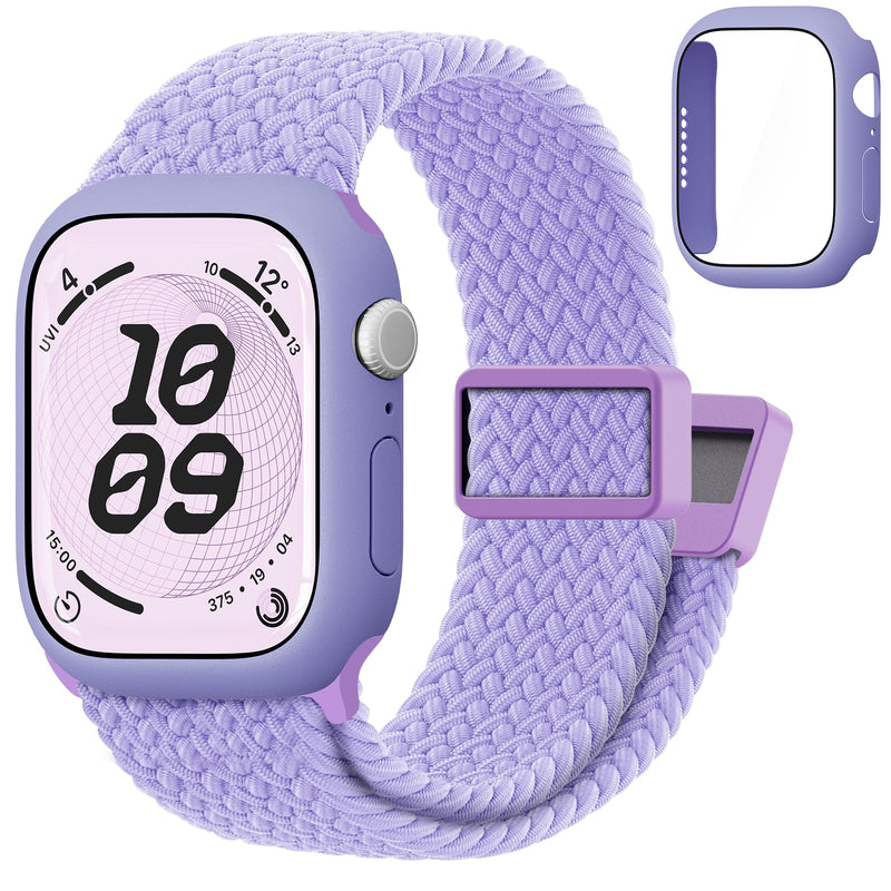 Compatible with Kids Apple Watch Band with Case 38/40/41/42/44/45mm Braided | for iWatch Series SE3 SE2 SE 9 8 7 6 5 4 3 2 1, Nylon Elastic Magnetic Clasp Strap and Protective Cover with Tempered Glass LilacPurle 40mm-series 6/5/4/Se1/Se2/Se3