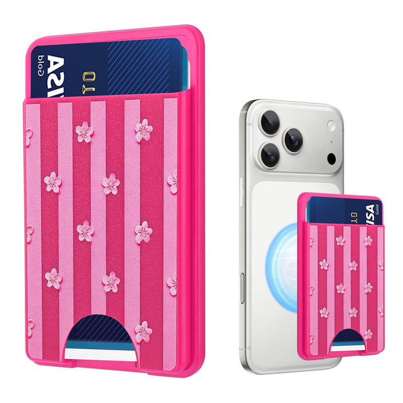 Stronger Magnetic Card Wallet for iPhone 17/16/15/14/13/12 Series | (Not for 13/12 Mini), Stripes Flower Pattern Hard Card Slot Holder Fit 3 Cards Compatible with Magsafe Accessories, Hot Pink Hot Pink (Stripes Flower)