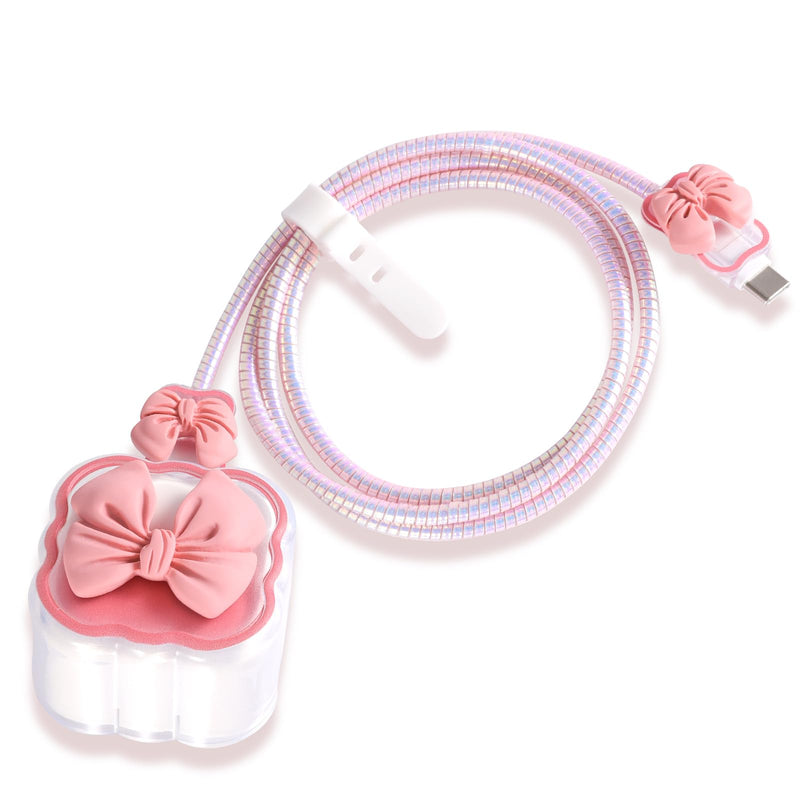 LONGFITE Charger Case Cover Compatible with iPhone 40W USB-C Adapter, Cute Pink Bowknot Charger Cable Protector Accessories Set for iPhone 17/16/15 Pro/Max,MacBook Air 13/13.6/15