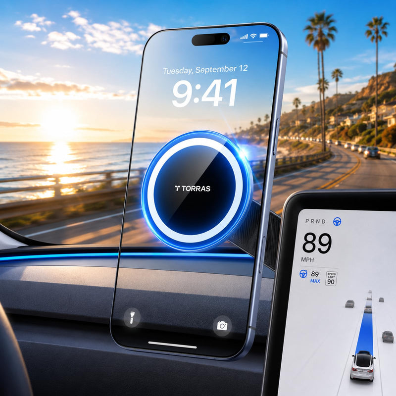 TORRAS Stow Tesla Phone Mount [Hidden & Strong Magnet] 360°Rotation Foldable Tesla Phone Holder Fit for All Phones, Tesla MagSafe Car Mount, Tesla Accessories for Model Y Model 3/S/X/Cybertruck