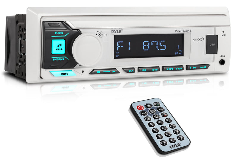 Pyle Marine Radio Single DIN Receiver – Bluetooth Wireless Streaming, AM/FM Tuner, USB/AUX MP3 Playback, Hands-Free Calling, Remote Control, RGB Buttons, Splash-Resistant Stereo Upgrade White