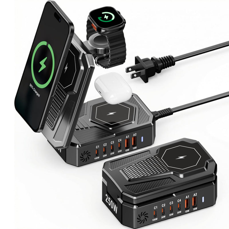 9-in-1 Magnetic Charging Station Foldable - 250W Hub with 100W USB-C for Laptops, 3-in-1 Wireless Dock for Phones/Watches/Earbuds