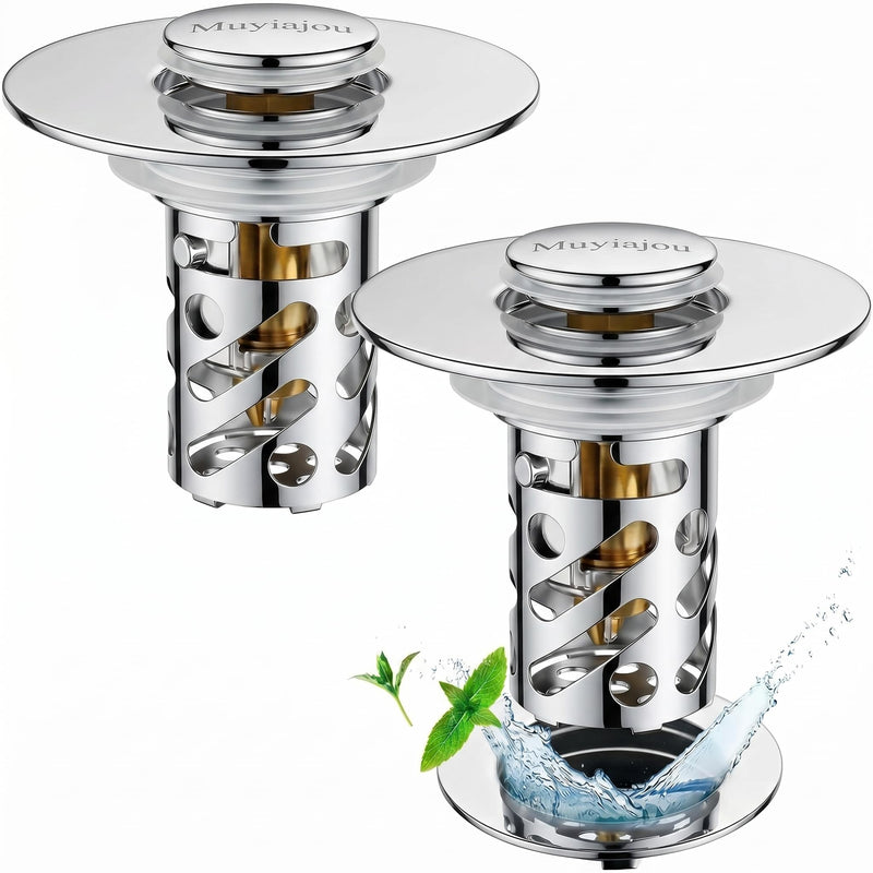 2 Pack 3-in-1 Universal Sink Drain Strainer,Muyiajou Pop Up Stopper with Hair Catcher, Stainless Steel Replacement Plug with Removable Filter Basket for 1.1" to 2.36" Bathroom Sink Basin (2, Silver)